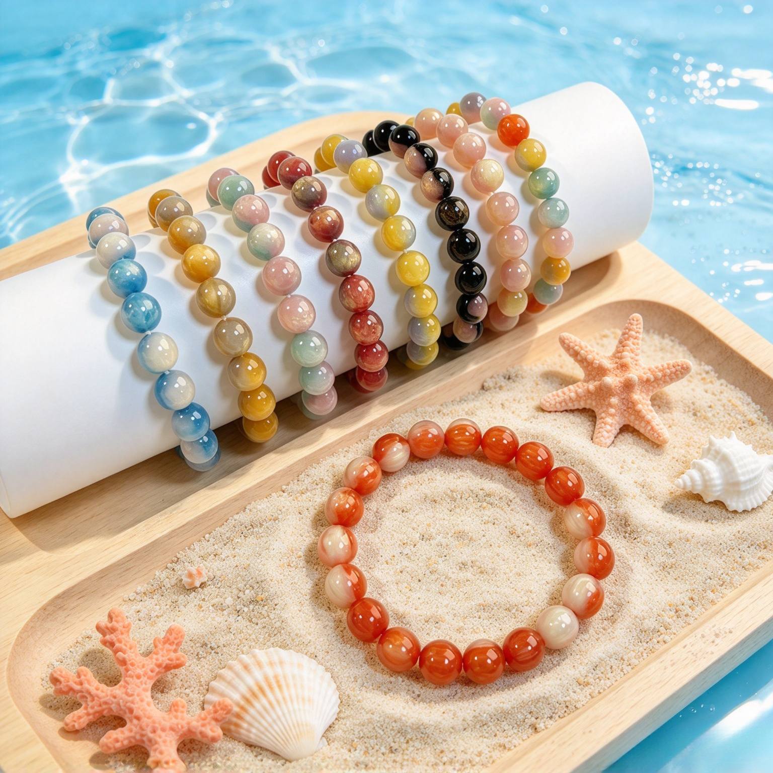 9pc Simple Contrast-Color Textured Beaded Bracelet Set